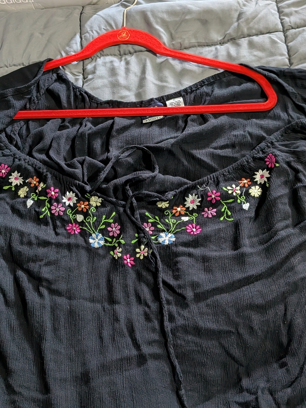 DC Black Peasant Blouse with Multicolor Floral Embroidery